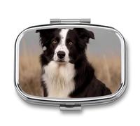 Border Collie Pill Box 2 Compartment Waterproof Pill Case with Mirror Square Container Metal Medicine Box Organizer Portable Vitamin Case for Pocket & Purse Travel