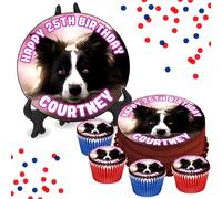 Border Collie Pink PERSONALISED Edible Cupcake Toppers / 8" Inch Cake Wafer or Icing - Adults & Kids Birthday Party Decorations - Perfect for Brownies, Cookies, Muffins & More!