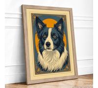 Border Collie Portrait Retro Framed Wall Art Print A3 (42×29.7cm) Oak, Wall Decor for Living Room, Bedroom, Office & Home, Ready to Hang, Art Gift