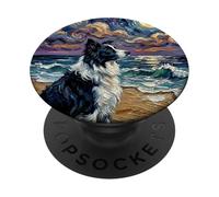 Border Collie Portrait Starry Night Dog at the Beach Artwork PopSockets Adhesive PopGrip