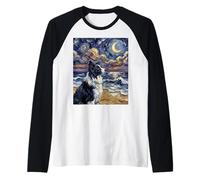 Border Collie Portrait Starry Night Dog at The Beach Artwork Raglan Baseball Tee
