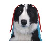 Border Collie Print Christmas Drawstring Gift Bags, Xmas Holiday Fabric Gift Wrapping Bag For Party, Size-L