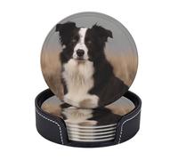 Border Collie Set of 6 Drink Coasters with Holder Leather Coasters Tabletop Protection Cup Mat for Bar Decorate Cup pad for Coffee Table Kitchen Dining Room