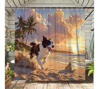 Border Collie Shower Curtain, Sunset Beach Scene Bath Curtain for Bathroom Decor, Summer Coastal Art Waterproof Fabric Shower Curtain Set with Hooks 62x72 Inch