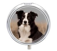 Border Collie Small Pill Case Round Weekly Pills Organizer with Mirror 3 Compartments Portable Travel Daily Pills Container Cute Pill Box for Fish Oil Supplement