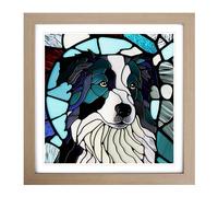 Border Collie Stained Glass Effect Framed Print | 18x18 Inch Oak Framed Wall Art | Ready to Hang | Modern Nature Picture | Living Room Bedroom Lounge Office