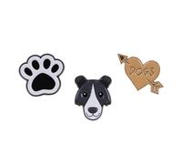 Border Collie Themed Gift Set Collection Of 3 Pin Badges Including A Black and White Paw Print, Border Collie And I Heart Dogs