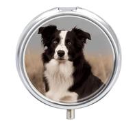Border Collie Travel Pill Box Case 3 Compartment Cute Pill Organizer Metal Pill Holder with Mirror Small Medicine Organizer Daily Pill Container for Purse Pocket Portable Meds Box
