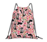 Border Collie Vintage Florals PinkDrawstring Backpack Sports Gym Sackpack Water Resistant String Bag for Women Men