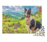 Border Collie with Harness on Green Hills Jigsaw Puzzles for Adults,1000 Pieces Pet Challenging Puzzle, Home Decoration Great Gift for Adults 38x26cm/1000pcs