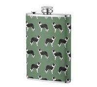 Border Collies Green Border Collie Collies,304 Stainless Steel 8oz Flask Pu Leather Case, Pocket Flagon Outdoor Flat Liquor Flask