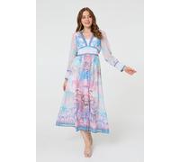Izabel London Border Print Layered Empire Midi Dress - 14 - Blue