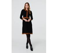 Border Print Pleated Knit Knee Length Dress Izabel London Black 16