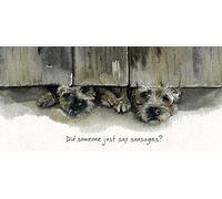 Border Terrier dog BLANK Birthday greeting card Under the Gate - Sausages?