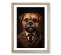 Border Terrier in a Suit Painting No.5 Framed Wall Art Print - Ready to Hang Picture - Modern Art for Living Room Bedroom Kitchen Home - Oak A4 (27 x 36 cm)