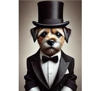 Border Terrier Wearing Top Hat & Tails - Dog in Tuxedo Bow Tie Animal in Victorian Suit Vintage Portrait - Novelty Gift for Dog Lovers - Funny Wall Art Print - Quirky Toilet Humour Artwork