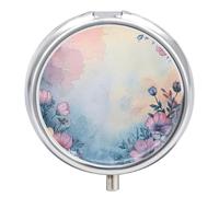 Border with Flowers Pill Box - 3 Compartment, Round Metal Pill Case with Mirror, Portable Medicine Holder for Purse/Wallet/Travel