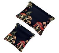 Border with Mushrooms Fern and Berries Pocket Cosmetic Bag, Waterproof Squeeze Makeup Bag No Zipper Self-Closing, Portable Mini Travel Storage for Headphones Jewelry