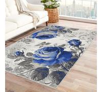 Bordered Outdoor Rug 8x10 Roses, exquisite patterns Washable Outside Carpet for Indoor Patio Porch Waterproof Easy Cleaning Non Shedding Area Rugs,living room(blue)-150x240cm