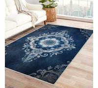 Bordered Outdoor Rug 8x10 Vintage White Flower Washable Outside Carpet for Indoor Patio Porch Waterproof Easy Cleaning Non Shedding Area Rugs,living room(blue)-120x180cm
