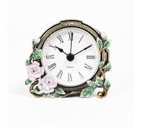 bordorsse Vintage Floral Tabletop Clock, Non-Ticking Battery Operated Metal Clock for bedside table, Living Room, Office. Decorative Metal Frame with Pink and Green Flowers, Roman Numerals