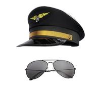 BORFUE 2Pcs Halloween Pilot Costume Set Adjustable Captain Hat Sunglasses Costume Accessories for Adults Teenager Cosplay Dress up Party