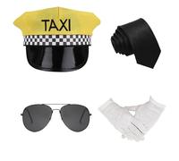 BORFUE 4pcs Chauffeur Costume Men Woman Taxi Hat Sunglasses Gloves Necktie Taxi Driver Fancy Dress for Driver Costume Supplies