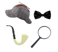 BORFUE 4Pcs Sherlock Holmes Costume Set Deerstalker Hat Magnifying Glass Look Pipe Tie for Masquerade Detective Party