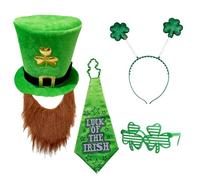 BORFUE 4pcs St. Patrick's Day Costumes Suit Decorations Green Leprechaun Hat with Beard Irish Headband Shamrock Eyeglasses Tie for Men Women Fancy Dress