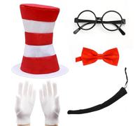 BORFUE 5pcs Adults Halloween Crazy Cat Fancy Dress Costume Red & White Striped Tall Hat Bow Tie Gloves Tail Glasses for Adults Book Week Fancy Dress