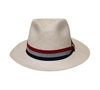 Borges & Scott - Teardrop Fedora Panama Hat - Natural Straw with Antique Red, White and Blue Band - 55cm