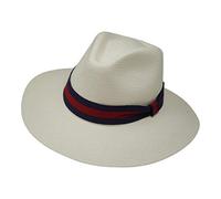 Borges & Scott The Safari - Wide Brim Panama Hat - Hand Woven and Hard Wearing - White with Blue & Red Ribbon - 60cm