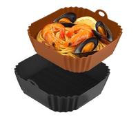 Boribim 9 Inch Large Air Fryer Silicone Liners - 2 PCS Square Reusable AirFryer Basket Liners for 5-8QT Air fryer, Air fryer Accessories for Baking Roasting Microwave (Black + Brown)