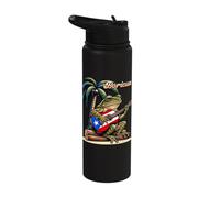 Boricua Coqui Frog Playing Guitar Under A Palm Tree Stainless Steel Insulated Water Bottle