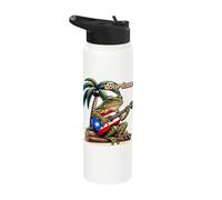 Boricua Coqui Frog Playing Guitar Under A Palm Tree Stainless Steel Insulated Water Bottle