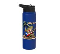 Boricua Coqui Frog Playing Guitar Under A Palm Tree Stainless Steel Insulated Water Bottle