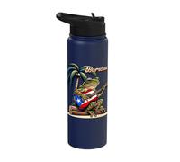 Boricua Coqui Frog Playing Guitar Under A Palm Tree Stainless Steel Insulated Water Bottle