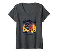 Boricua Hasta La Muerte: Puerto Rican Pride Sunset V-Neck T-Shirt, Women, Dark Heather Grey, XL