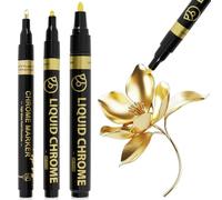BORISCA 3 Pack Metallic Chrome Paint Pens Gold Sharpie, Gold Acrylic Paint Pen, Permanent Liquid Mirror Pen for Model, Metal, Glass, Plastic Painting (1mm,2mm,0.7mm, Gold)