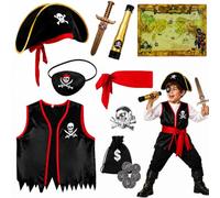 BORISCA 8 PCS Pirate Costume Kids Pirate Outfit Set Boys, Captain Dress Up | Complete Pirate Accessories Kids, Hat Vest Eye Patch Sword Ring Treasure Map Gold Coins Telescope for Pirate Party Halloween