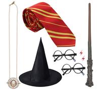BORISCA 8 Pieces Harry Wizard Costume Set with Potter Tie Glasses Lightning Wizard Wand Hat Necklace, Wizard Costume Accessories Set for Kids School Events World Book Day Wizard Theme Party Cosplay