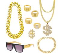 BORISCA 9 Pcs Hip Hop Costume Accessories Set for Hippie Rapper Disco | Big Gold Chain Dollar Sign Necklace Bracelet Ring and Sunglasses Rapper Costumes Accessories, 80s and 90s Gold Digger Costume