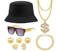 BORISCA 9 Pcs Hip Hop Costume Accessories Set | Gold Dollar Sign Necklace Bracelet Ring Sunglasses and Hat Rapper Costumes Accessories, 80s and 90s Gold Digger Costume