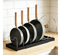 BORISCA Expandable Lid Rack Pan Organiser for Drawer with 10 Adjustable Dividers, Pan Drawer Organiser, Saucepan Lid Storage, Pot Bowls Plates (Black)