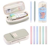 BORISCA Large Expandable Pencil Case for Girls with Stationary Set Aesthetic Pencil Case Included Ruler Ballpoint Pen Highlighter Filled Pencil Cases Organised Back to School Essentials (Green)