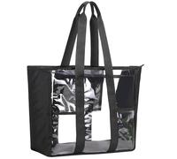 BORMELUN Large Clear Bag Tote for Work Concerts Stadium approved Heavy duty Transparent See Through Purse with mesh pockets, Black, L, Clear Tote Bag