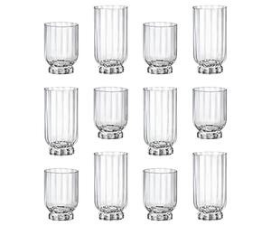 Bormioli Rocco 12pc Clear Florian Glassware Set - Mixed Glass Highball Cocktail Gin Glasses and Water Whiskey Drinking Tumblers