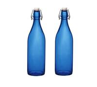 Bormioli Rocco Giara Glass Bottle with Leak-Proof Lid, 33.75 oz (Set of 2) - BPA-Free Bottle for Infused Drinks, Juices, Dressings, Decorative Glass Storage, Airtight Glassware - Made in Italy (Blue)