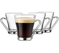 Bormioli Rocco OSLO Glass Coffee Mug - 7 ½ Ounce Espresso Cups (4 Pack) with Metal Handle Perfect Tea Glasses for hot and cold beverages, Thermal Shock Resistant, Tempered Glass, for Latte, Cappuccino
