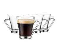 Bormioli Rocco OSLO Glass Coffee Mug - 7 ½ Ounce Espresso Cups (4 Pack) with Metal Handle Perfect Tea Glasses for hot and cold beverages, Thermal Shock Resistant, Tempered Glass, for Latte, Cappuccino